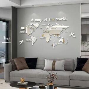 Modern 3D Silver World Map Wall Art – Decor for Living Room, Office, or Bedroom